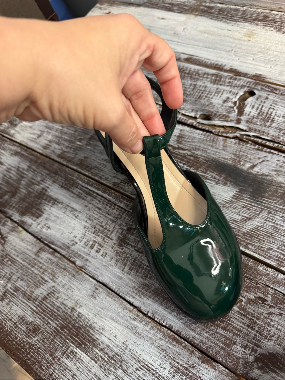 T-Strap Slingback Chunky Heel in Dark Green - Picture 4 of 6
